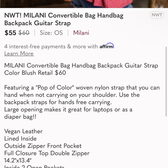 MILANI Vegan Leather Blush Convertible Backpack With Reversible Boho Strap. New - Picture 6 of 6